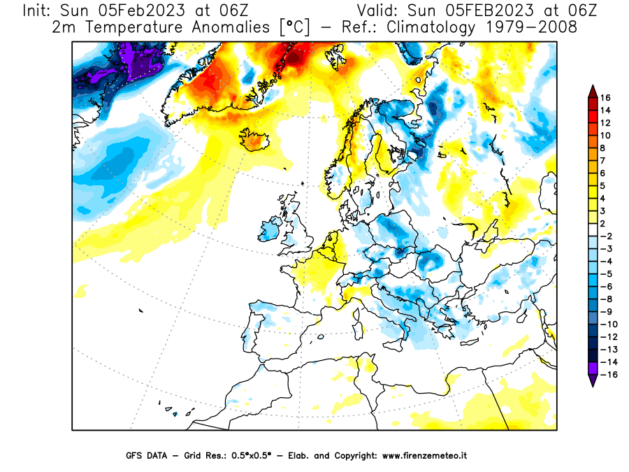 Mappa di analisi GFS - Anomalia Temperatura [°C] a 2 m in Europa
							del 05/02/2023 06 <!--googleoff: index-->UTC<!--googleon: index-->