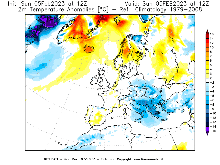 Mappa di analisi GFS - Anomalia Temperatura [°C] a 2 m in Europa
							del 05/02/2023 12 <!--googleoff: index-->UTC<!--googleon: index-->