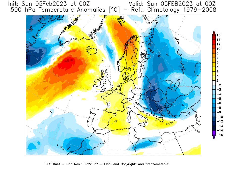 Mappa di analisi GFS - Anomalia Temperatura [°C] a 500 hPa in Europa
							del 05/02/2023 00 <!--googleoff: index-->UTC<!--googleon: index-->