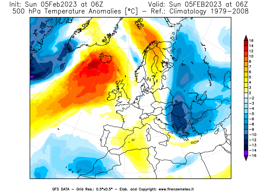 Mappa di analisi GFS - Anomalia Temperatura [°C] a 500 hPa in Europa
							del 05/02/2023 06 <!--googleoff: index-->UTC<!--googleon: index-->
