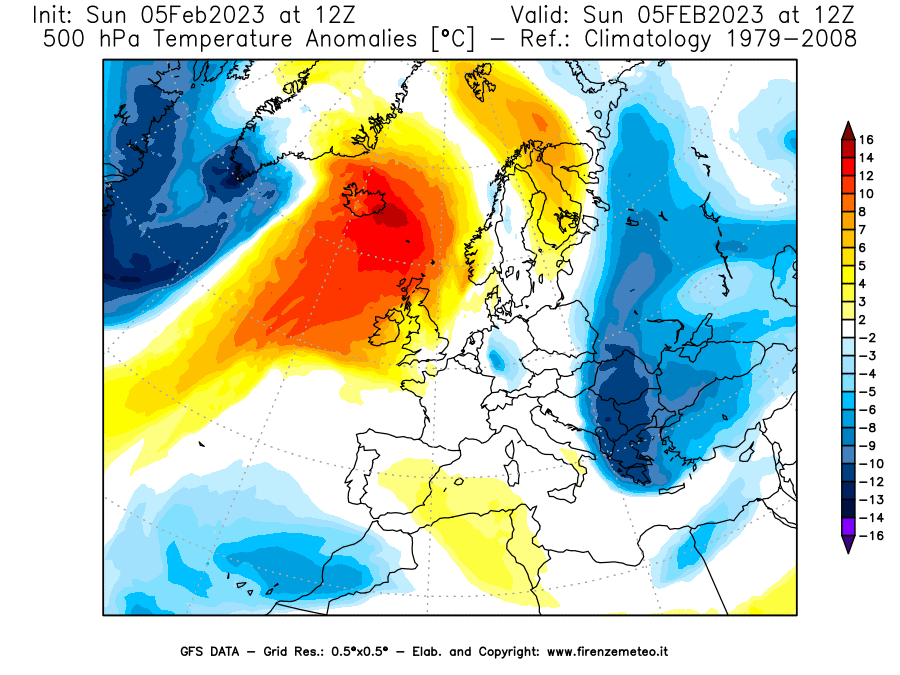 Mappa di analisi GFS - Anomalia Temperatura [°C] a 500 hPa in Europa
							del 05/02/2023 12 <!--googleoff: index-->UTC<!--googleon: index-->