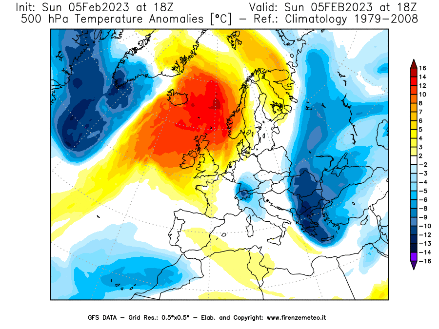 Mappa di analisi GFS - Anomalia Temperatura [°C] a 500 hPa in Europa
							del 05/02/2023 18 <!--googleoff: index-->UTC<!--googleon: index-->