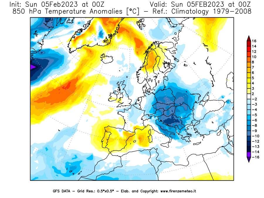 Mappa di analisi GFS - Anomalia Temperatura [°C] a 850 hPa in Europa
							del 05/02/2023 00 <!--googleoff: index-->UTC<!--googleon: index-->