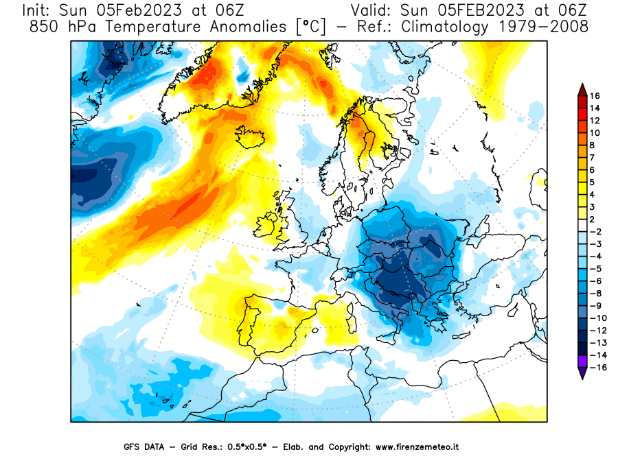 Mappa di analisi GFS - Anomalia Temperatura [°C] a 850 hPa in Europa
							del 05/02/2023 06 <!--googleoff: index-->UTC<!--googleon: index-->