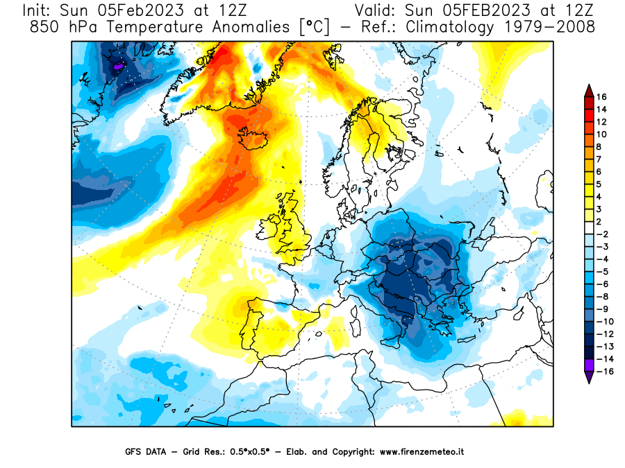 Mappa di analisi GFS - Anomalia Temperatura [°C] a 850 hPa in Europa
							del 05/02/2023 12 <!--googleoff: index-->UTC<!--googleon: index-->