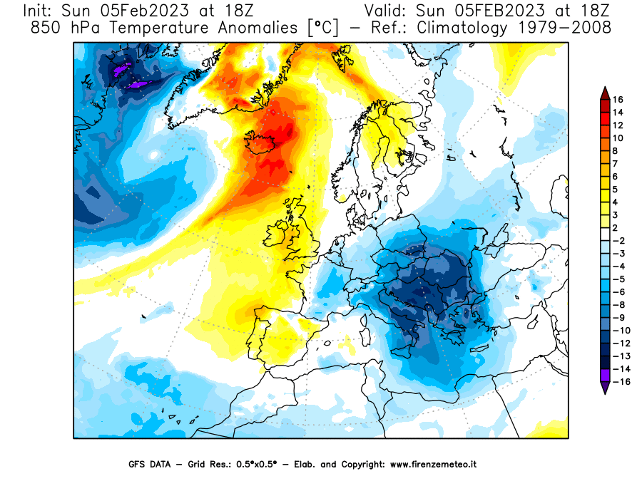Mappa di analisi GFS - Anomalia Temperatura [°C] a 850 hPa in Europa
							del 05/02/2023 18 <!--googleoff: index-->UTC<!--googleon: index-->