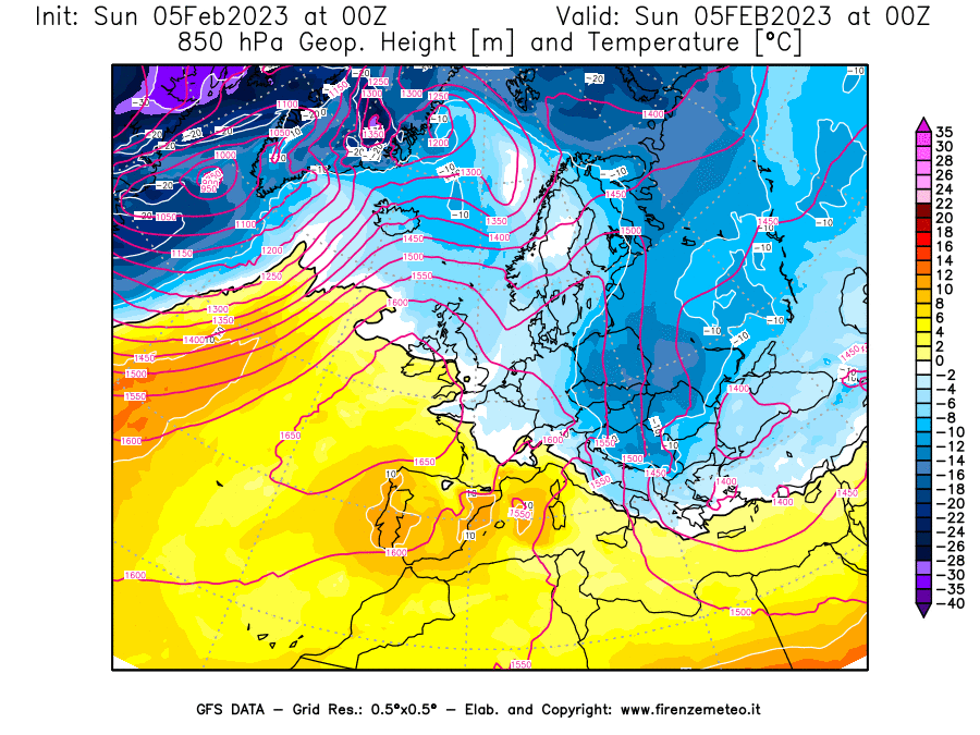 Mappa di analisi GFS - Geopotenziale [m] e Temperatura [°C] a 850 hPa in Europa
							del 05/02/2023 00 <!--googleoff: index-->UTC<!--googleon: index-->