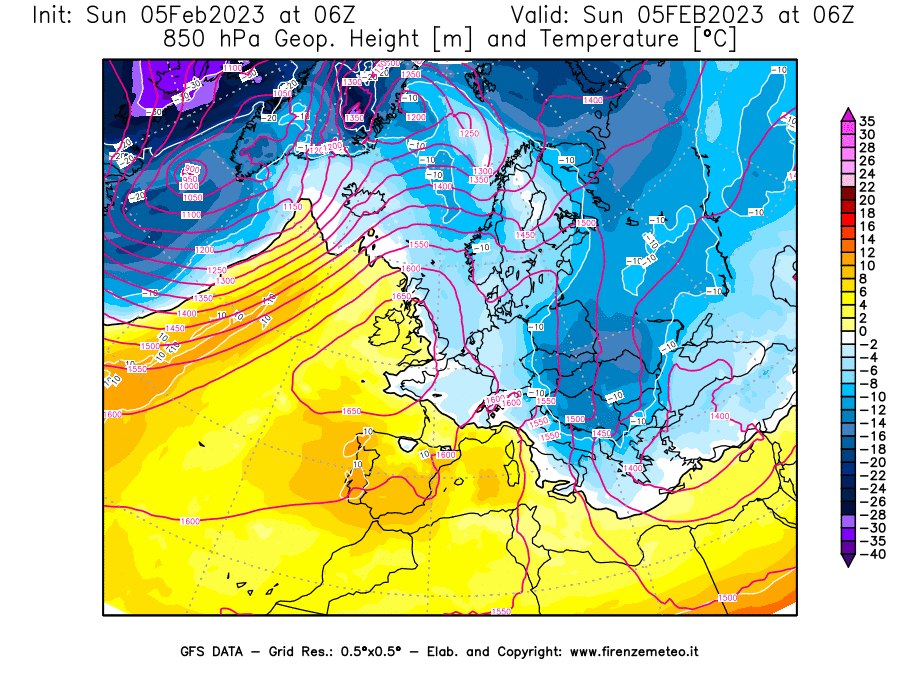 Mappa di analisi GFS - Geopotenziale [m] e Temperatura [°C] a 850 hPa in Europa
							del 05/02/2023 06 <!--googleoff: index-->UTC<!--googleon: index-->