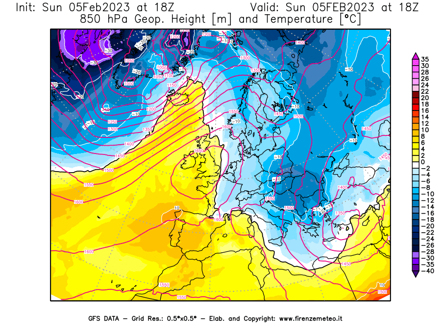 Mappa di analisi GFS - Geopotenziale [m] e Temperatura [°C] a 850 hPa in Europa
							del 05/02/2023 18 <!--googleoff: index-->UTC<!--googleon: index-->