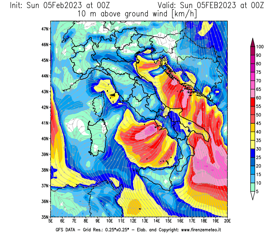 GFS analysi map - Wind Speed at 10 m above ground [km/h] in Italy
									on 05/02/2023 00 <!--googleoff: index-->UTC<!--googleon: index-->
