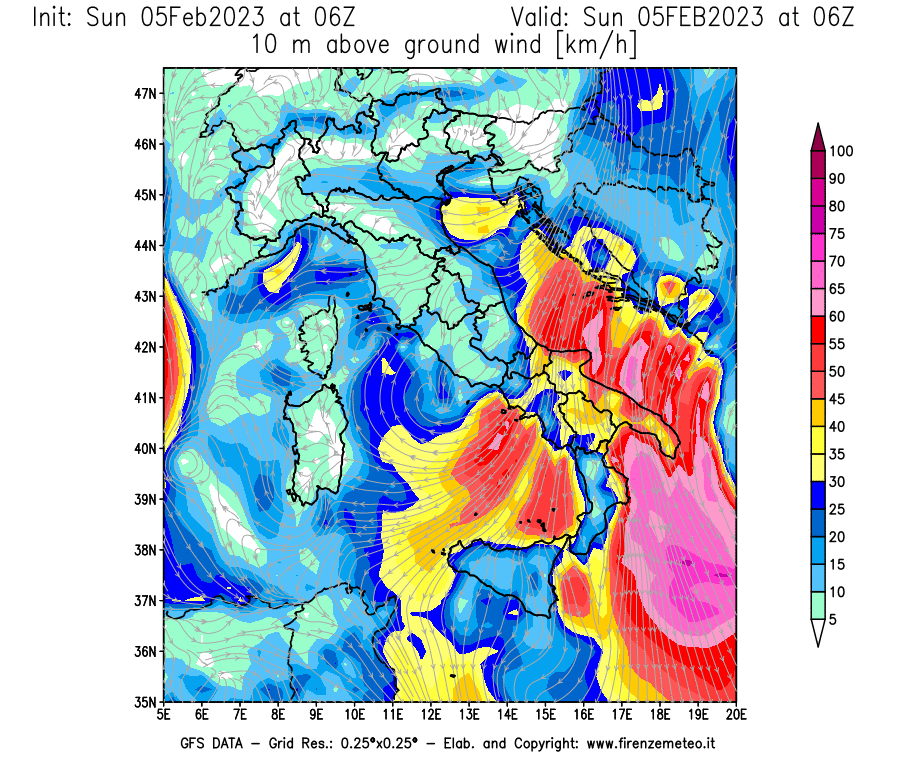 Mappa di analisi GFS - Velocità del vento a 10 metri dal suolo [km/h] in Italia
							del 05/02/2023 06 <!--googleoff: index-->UTC<!--googleon: index-->