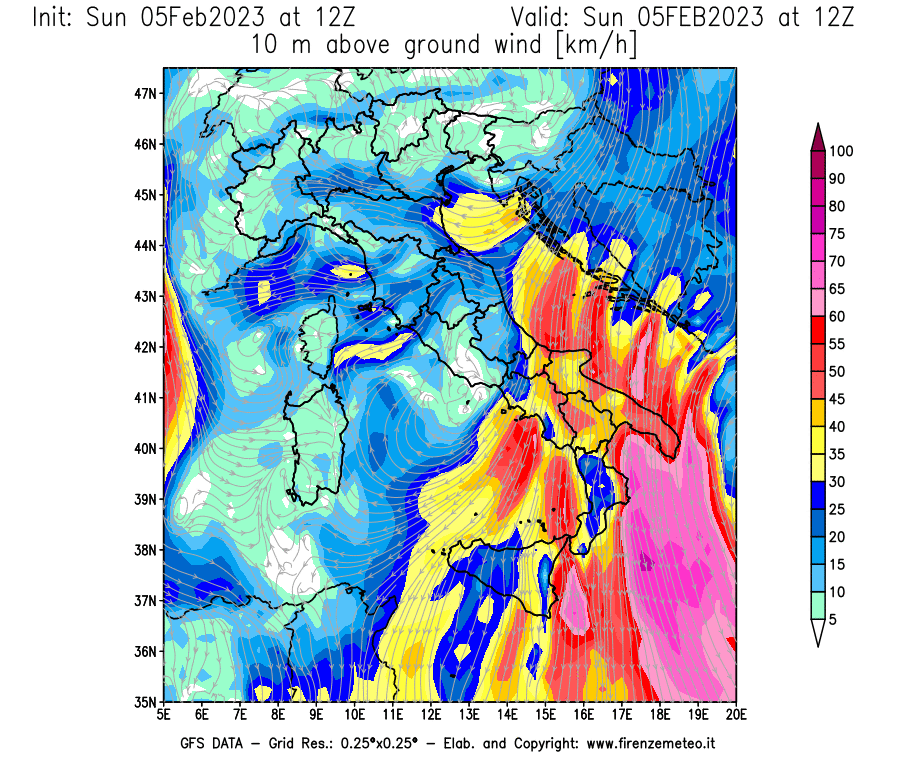 Mappa di analisi GFS - Velocità del vento a 10 metri dal suolo [km/h] in Italia
							del 05/02/2023 12 <!--googleoff: index-->UTC<!--googleon: index-->