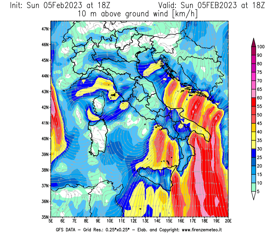 Mappa di analisi GFS - Velocità del vento a 10 metri dal suolo [km/h] in Italia
							del 05/02/2023 18 <!--googleoff: index-->UTC<!--googleon: index-->