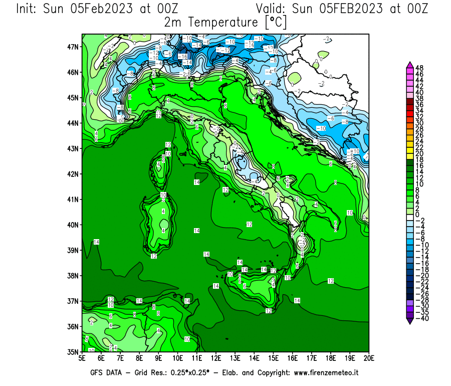 GFS analysi map - Temperature at 2 m above ground [°C] in Italy
									on 05/02/2023 00 <!--googleoff: index-->UTC<!--googleon: index-->