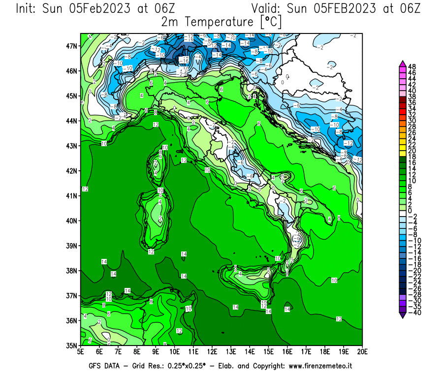 Mappa di analisi GFS - Temperatura a 2 metri dal suolo [°C] in Italia
							del 05/02/2023 06 <!--googleoff: index-->UTC<!--googleon: index-->