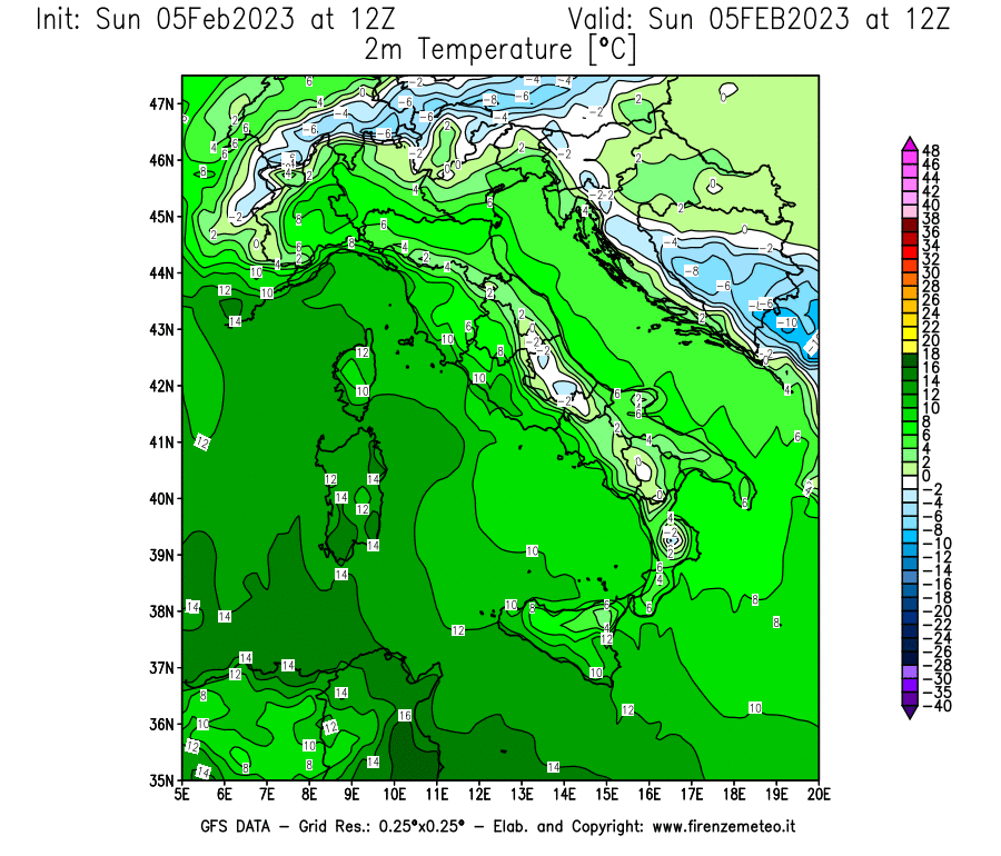 Mappa di analisi GFS - Temperatura a 2 metri dal suolo [°C] in Italia
							del 05/02/2023 12 <!--googleoff: index-->UTC<!--googleon: index-->