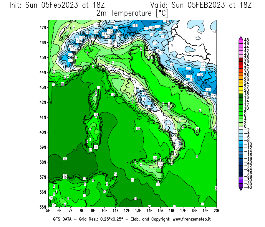 Mappa di analisi GFS - Temperatura a 2 metri dal suolo [°C] in Italia
							del 05/02/2023 18 <!--googleoff: index-->UTC<!--googleon: index-->