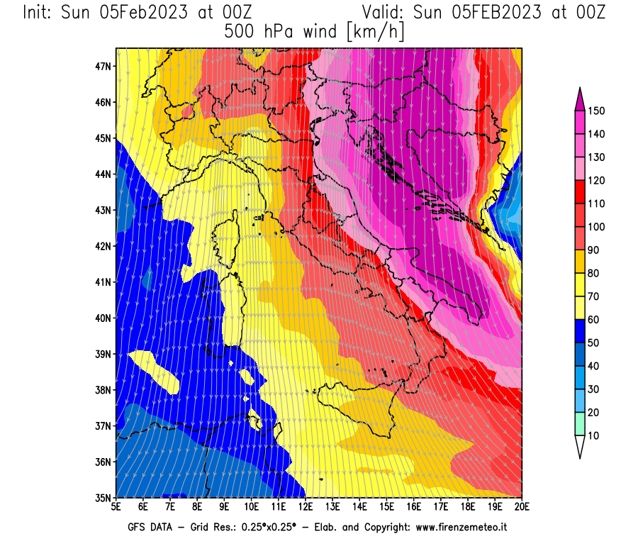 Mappa di analisi GFS - Velocità del vento a 500 hPa [km/h] in Italia
							del 05/02/2023 00 <!--googleoff: index-->UTC<!--googleon: index-->