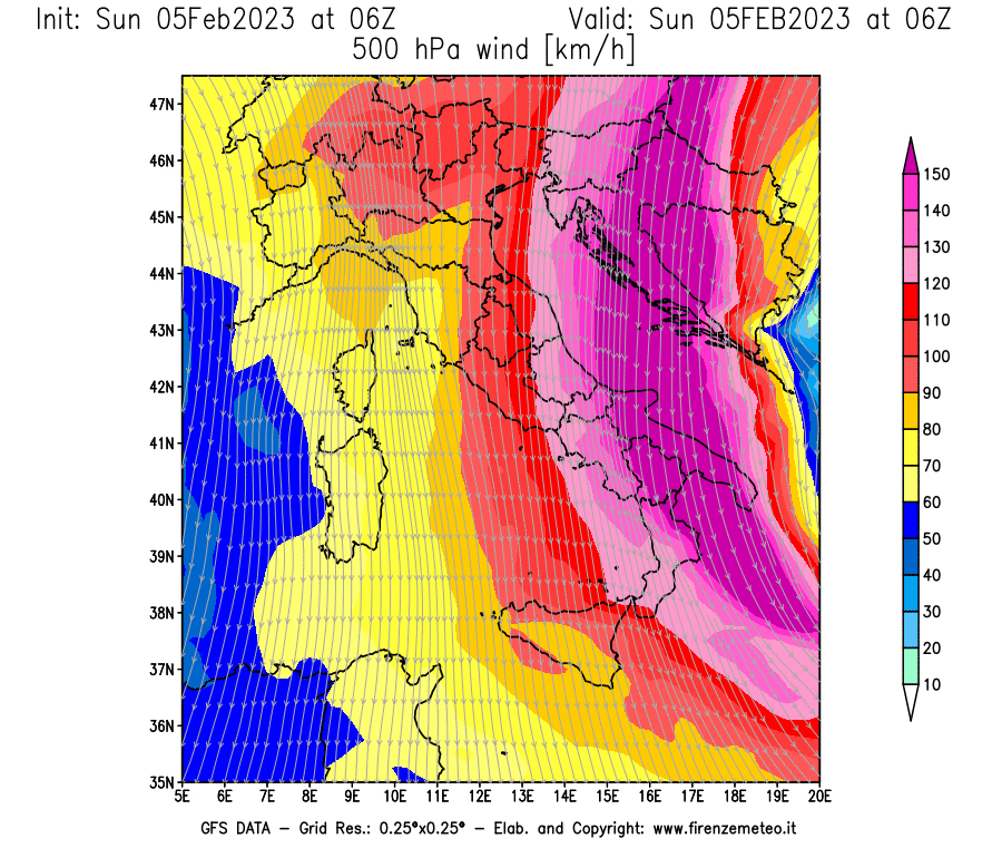 Mappa di analisi GFS - Velocità del vento a 500 hPa [km/h] in Italia
							del 05/02/2023 06 <!--googleoff: index-->UTC<!--googleon: index-->