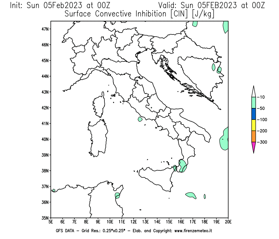 Mappa di analisi GFS - CIN [J/kg] in Italia
							del 05/02/2023 00 <!--googleoff: index-->UTC<!--googleon: index-->