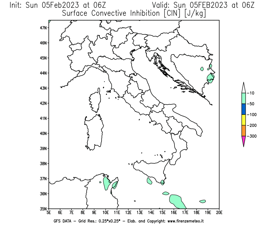 Mappa di analisi GFS - CIN [J/kg] in Italia
							del 05/02/2023 06 <!--googleoff: index-->UTC<!--googleon: index-->