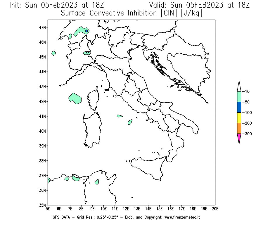 Mappa di analisi GFS - CIN [J/kg] in Italia
							del 05/02/2023 18 <!--googleoff: index-->UTC<!--googleon: index-->