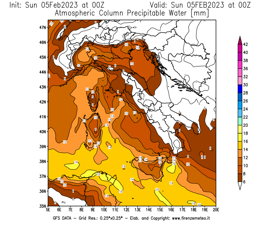 Mappa di analisi GFS - Precipitable Water [mm] in Italia
							del 05/02/2023 00 <!--googleoff: index-->UTC<!--googleon: index-->