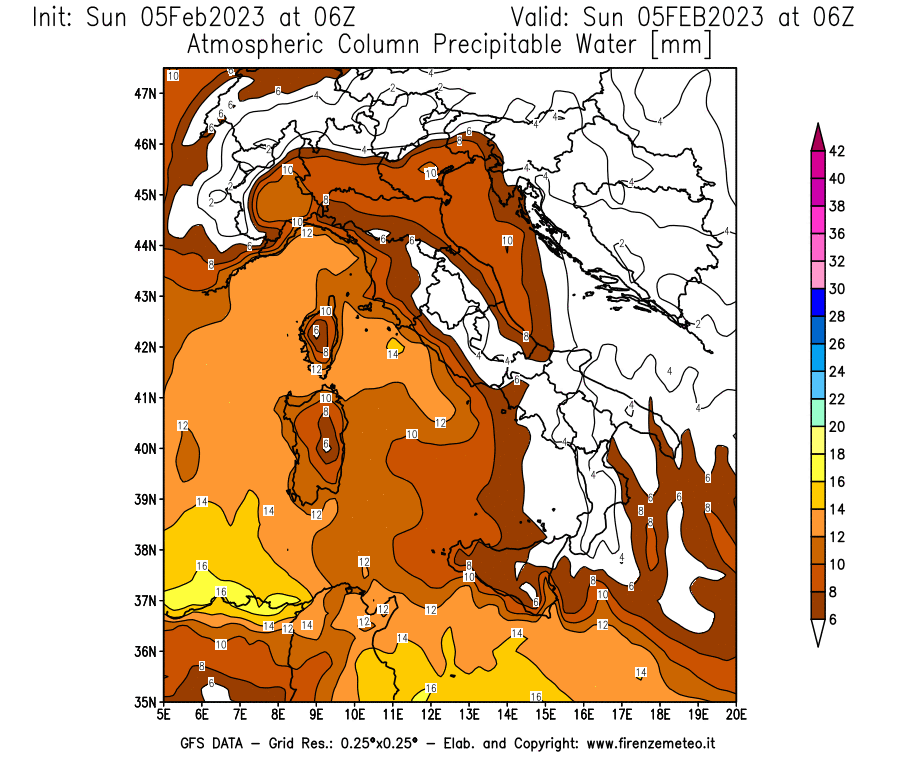 Mappa di analisi GFS - Precipitable Water [mm] in Italia
							del 05/02/2023 06 <!--googleoff: index-->UTC<!--googleon: index-->