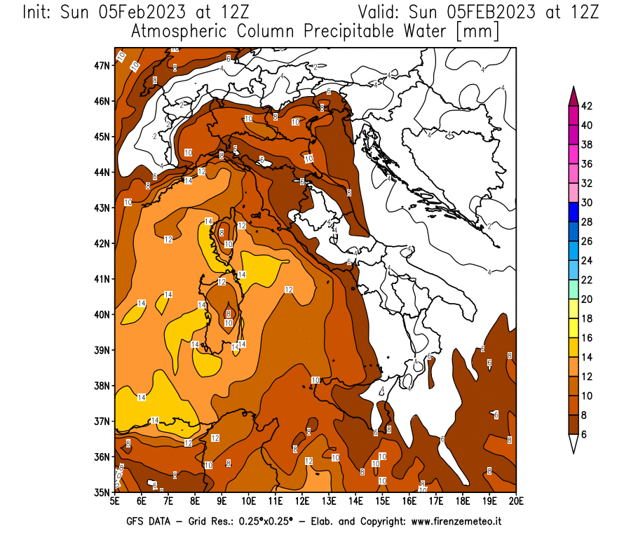 Mappa di analisi GFS - Precipitable Water [mm] in Italia
							del 05/02/2023 12 <!--googleoff: index-->UTC<!--googleon: index-->