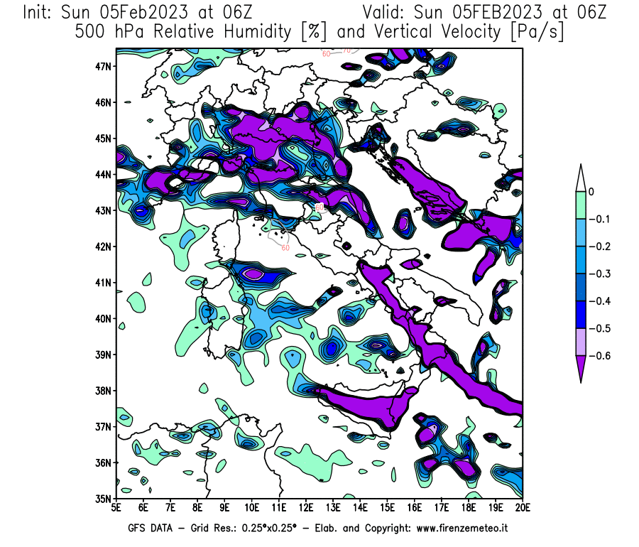 Mappa di analisi GFS - Umidità relativa [%] e Omega [Pa/s] a 500 hPa in Italia
							del 05/02/2023 06 <!--googleoff: index-->UTC<!--googleon: index-->