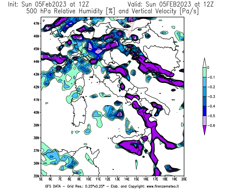 Mappa di analisi GFS - Umidità relativa [%] e Omega [Pa/s] a 500 hPa in Italia
							del 05/02/2023 12 <!--googleoff: index-->UTC<!--googleon: index-->