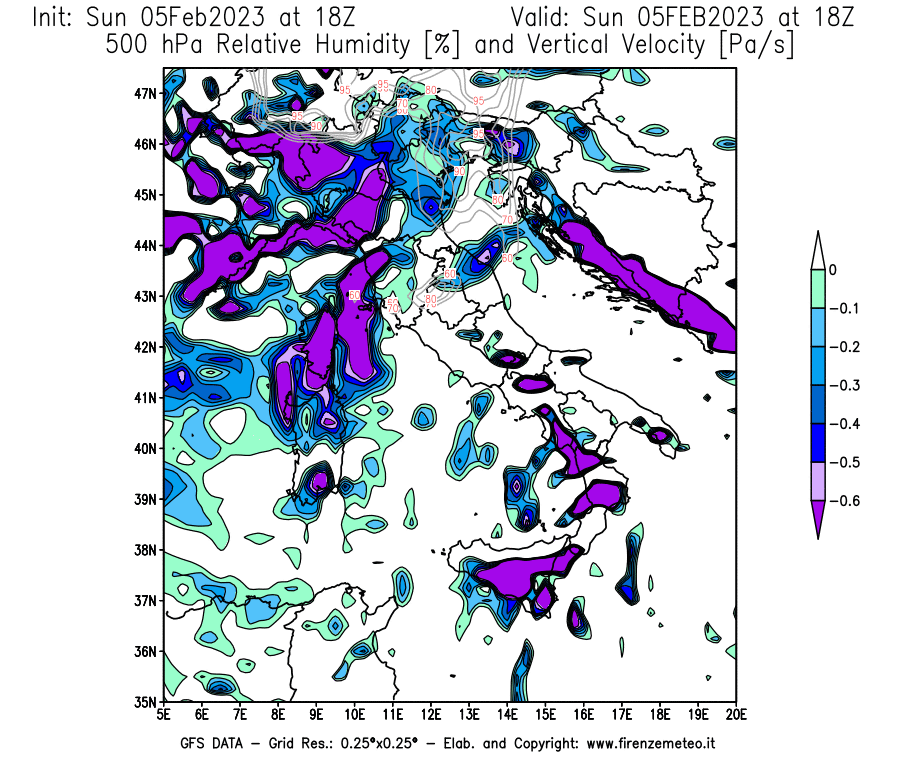 Mappa di analisi GFS - Umidità relativa [%] e Omega [Pa/s] a 500 hPa in Italia
							del 05/02/2023 18 <!--googleoff: index-->UTC<!--googleon: index-->