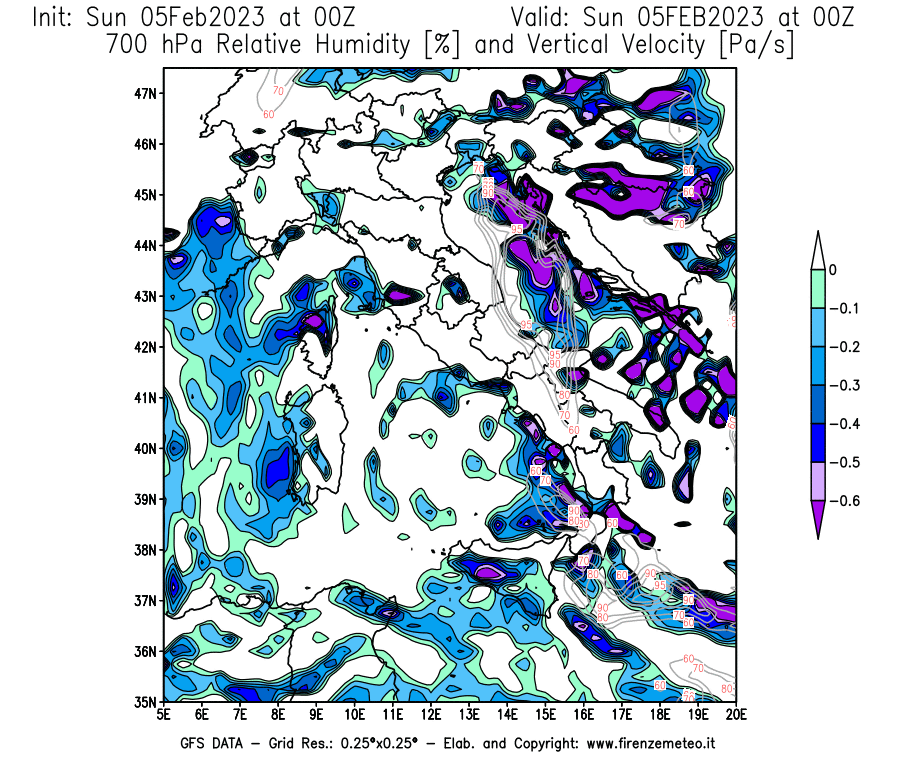 Mappa di analisi GFS - Umidità relativa [%] e Omega [Pa/s] a 700 hPa in Italia
							del 05/02/2023 00 <!--googleoff: index-->UTC<!--googleon: index-->