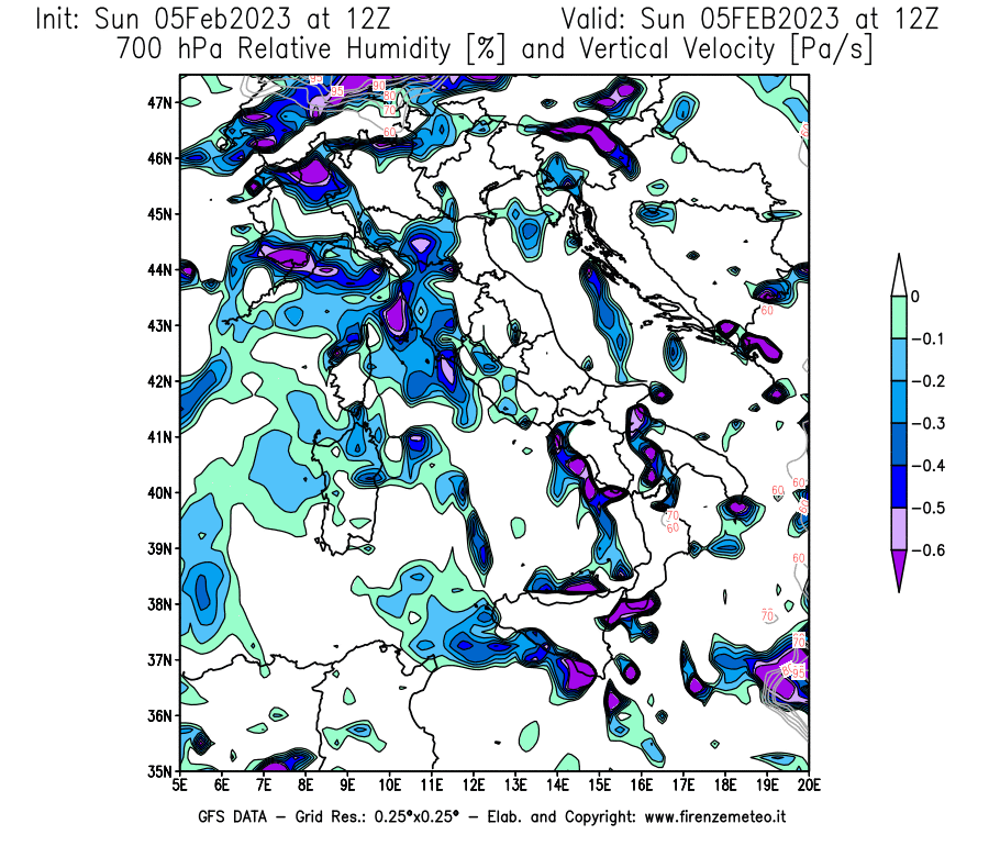Mappa di analisi GFS - Umidità relativa [%] e Omega [Pa/s] a 700 hPa in Italia
							del 05/02/2023 12 <!--googleoff: index-->UTC<!--googleon: index-->