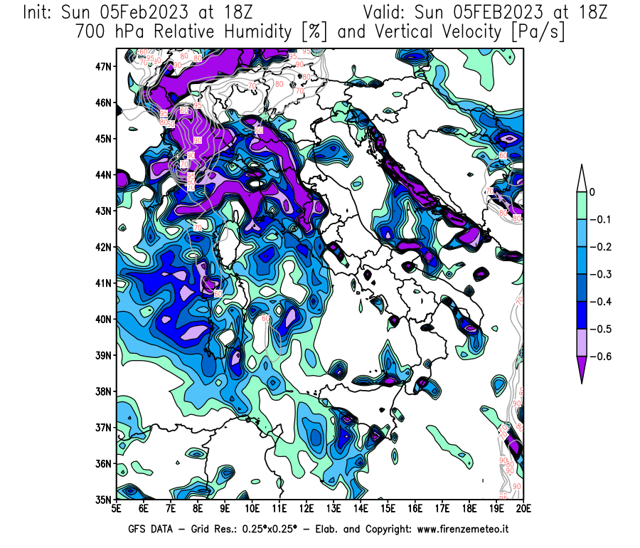 Mappa di analisi GFS - Umidità relativa [%] e Omega [Pa/s] a 700 hPa in Italia
							del 05/02/2023 18 <!--googleoff: index-->UTC<!--googleon: index-->