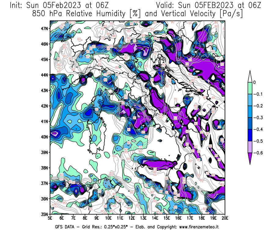 Mappa di analisi GFS - Umidità relativa [%] e Omega [Pa/s] a 850 hPa in Italia
							del 05/02/2023 06 <!--googleoff: index-->UTC<!--googleon: index-->