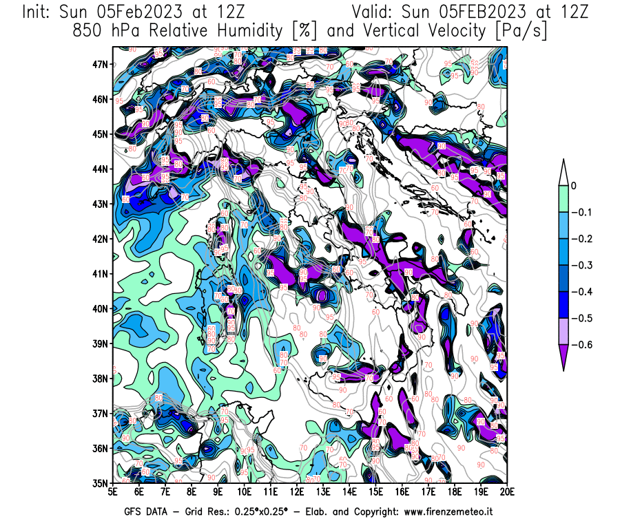 Mappa di analisi GFS - Umidità relativa [%] e Omega [Pa/s] a 850 hPa in Italia
							del 05/02/2023 12 <!--googleoff: index-->UTC<!--googleon: index-->
