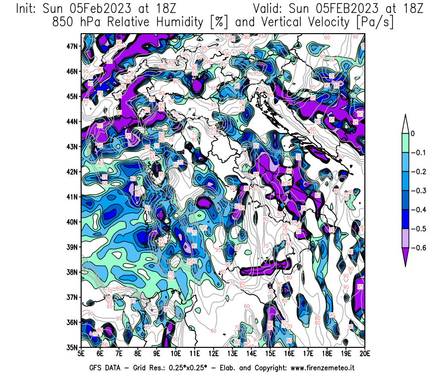 Mappa di analisi GFS - Umidità relativa [%] e Omega [Pa/s] a 850 hPa in Italia
							del 05/02/2023 18 <!--googleoff: index-->UTC<!--googleon: index-->