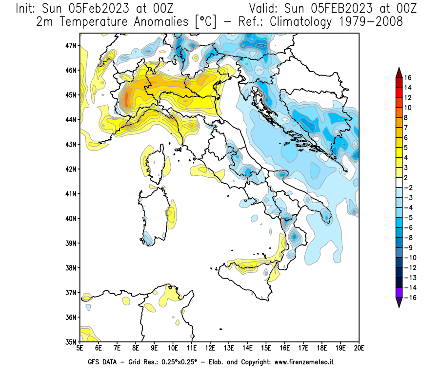 Mappa di analisi GFS - Anomalia Temperatura [°C] a 2 m in Italia
							del 05/02/2023 00 <!--googleoff: index-->UTC<!--googleon: index-->