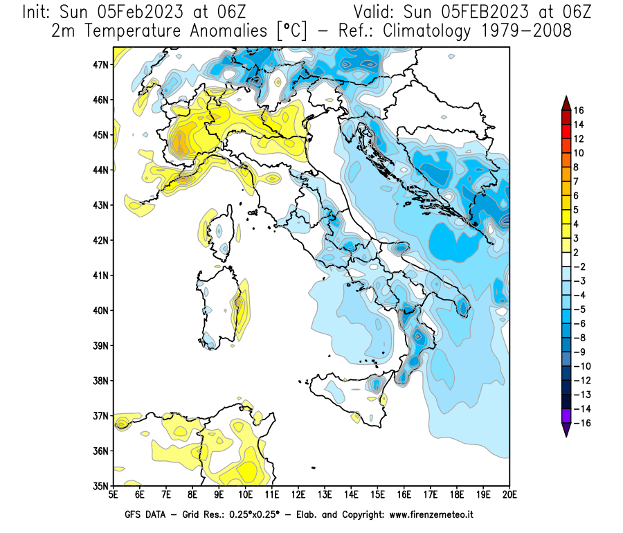 Mappa di analisi GFS - Anomalia Temperatura [°C] a 2 m in Italia
							del 05/02/2023 06 <!--googleoff: index-->UTC<!--googleon: index-->