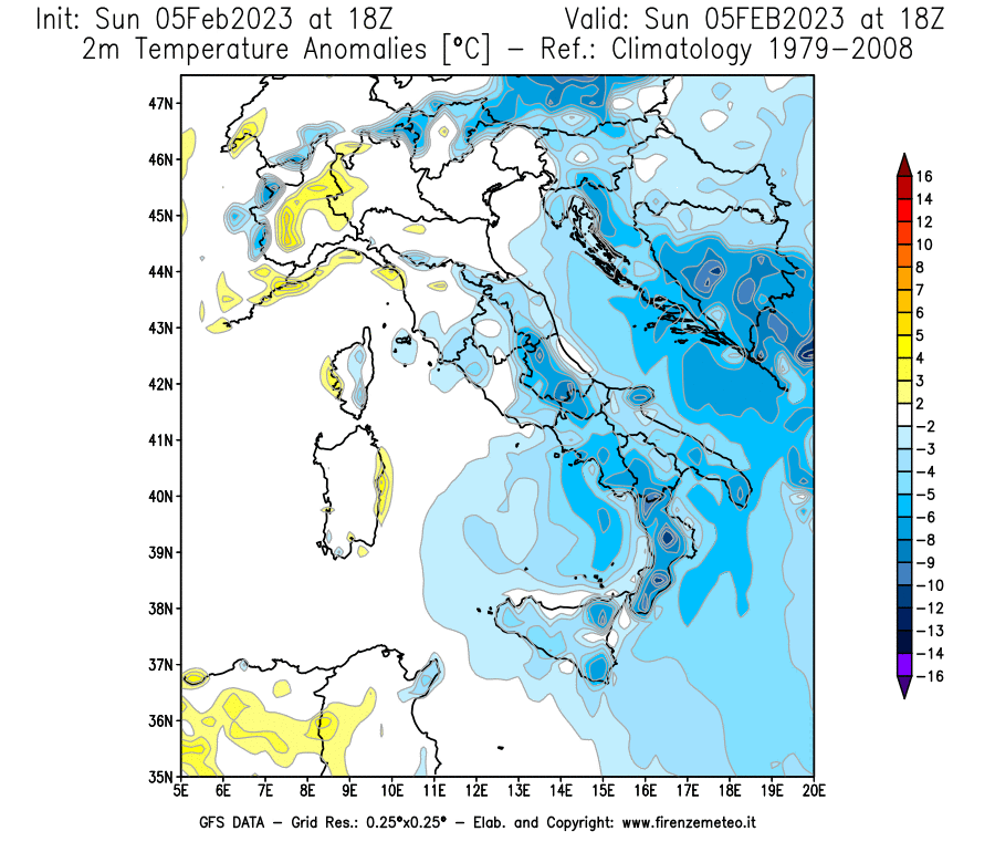 Mappa di analisi GFS - Anomalia Temperatura [°C] a 2 m in Italia
							del 05/02/2023 18 <!--googleoff: index-->UTC<!--googleon: index-->