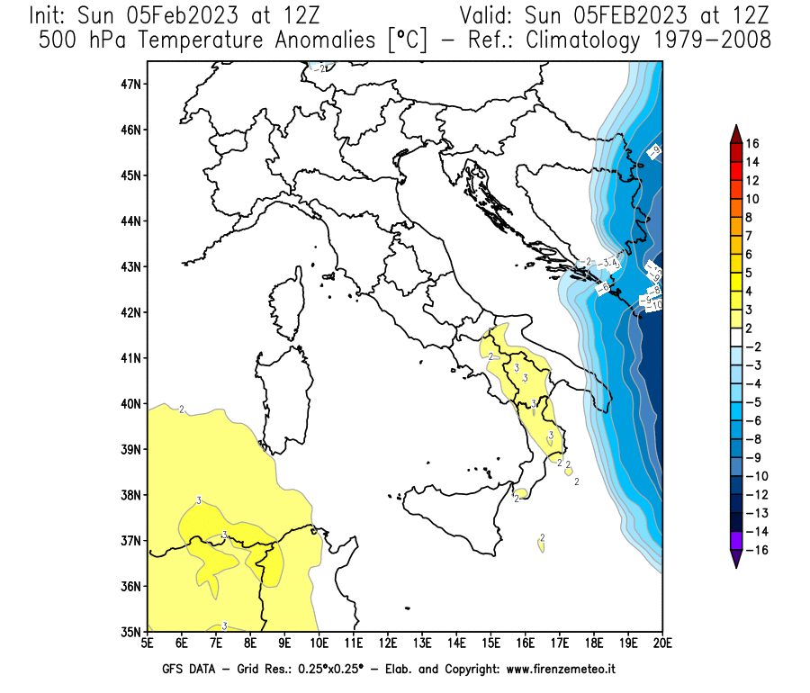 Mappa di analisi GFS - Anomalia Temperatura [°C] a 500 hPa in Italia
							del 05/02/2023 12 <!--googleoff: index-->UTC<!--googleon: index-->