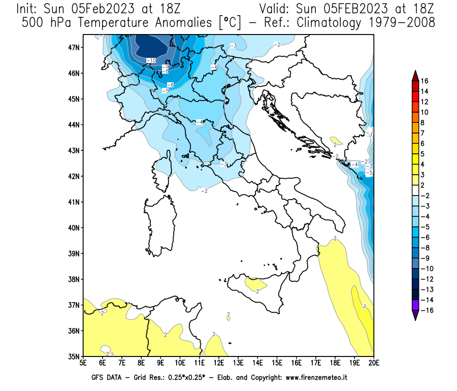 Mappa di analisi GFS - Anomalia Temperatura [°C] a 500 hPa in Italia
							del 05/02/2023 18 <!--googleoff: index-->UTC<!--googleon: index-->