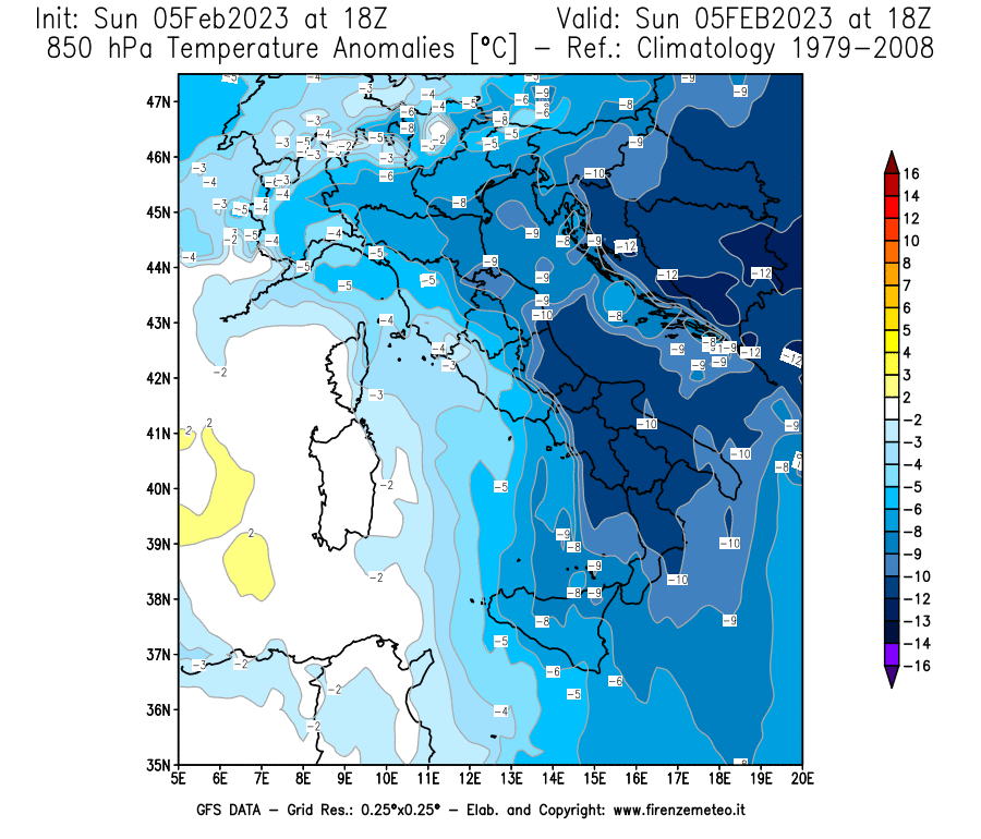 Mappa di analisi GFS - Anomalia Temperatura [°C] a 850 hPa in Italia
							del 05/02/2023 18 <!--googleoff: index-->UTC<!--googleon: index-->