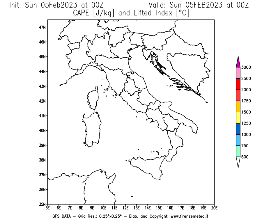 GFS analysi map - CAPE [J/kg] and Lifted Index [°C] in Italy
									on 05/02/2023 00 <!--googleoff: index-->UTC<!--googleon: index-->
