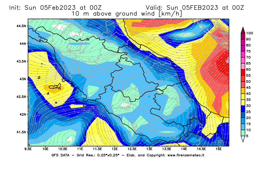 Mappa di analisi GFS - Velocità del vento a 10 metri dal suolo [km/h] in Centro-Italia
							del 05/02/2023 00 <!--googleoff: index-->UTC<!--googleon: index-->
