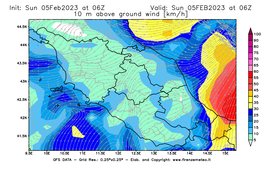 Mappa di analisi GFS - Velocità del vento a 10 metri dal suolo [km/h] in Centro-Italia
							del 05/02/2023 06 <!--googleoff: index-->UTC<!--googleon: index-->