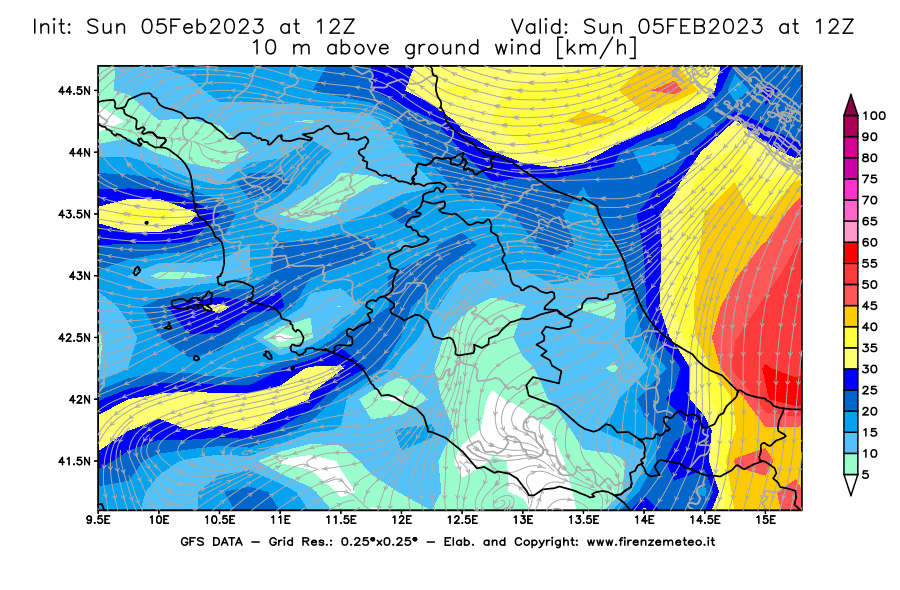 Mappa di analisi GFS - Velocità del vento a 10 metri dal suolo [km/h] in Centro-Italia
							del 05/02/2023 12 <!--googleoff: index-->UTC<!--googleon: index-->