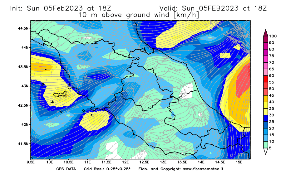 Mappa di analisi GFS - Velocità del vento a 10 metri dal suolo [km/h] in Centro-Italia
							del 05/02/2023 18 <!--googleoff: index-->UTC<!--googleon: index-->
