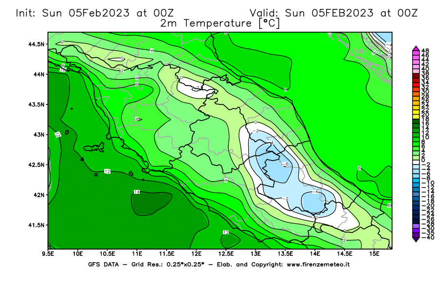 GFS analysi map - Temperature at 2 m above ground [°C] in Central Italy
									on 05/02/2023 00 <!--googleoff: index-->UTC<!--googleon: index-->